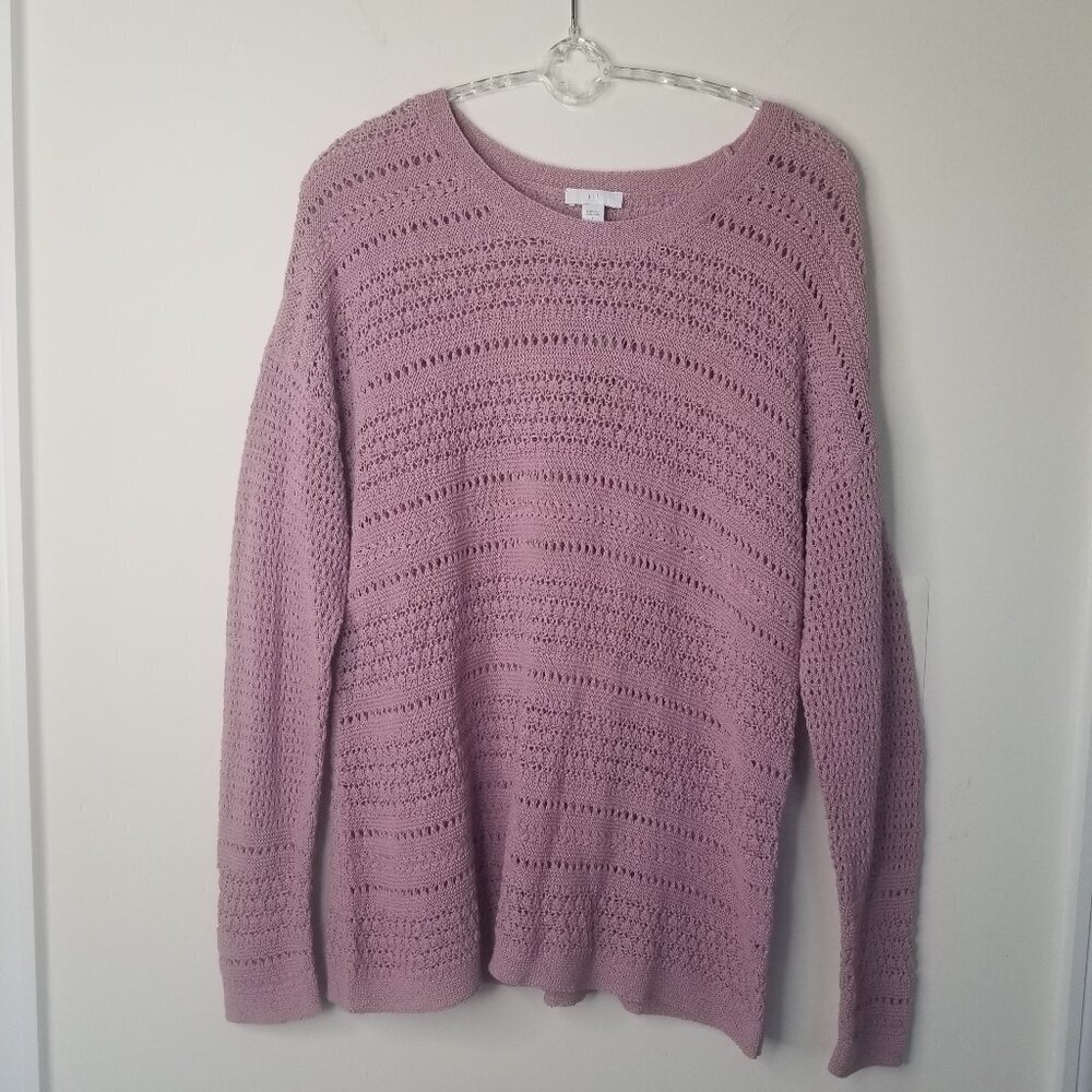 J Jill Small Mauve Open Knit Crochet Sweater Top Coastal Textured Boho Granny